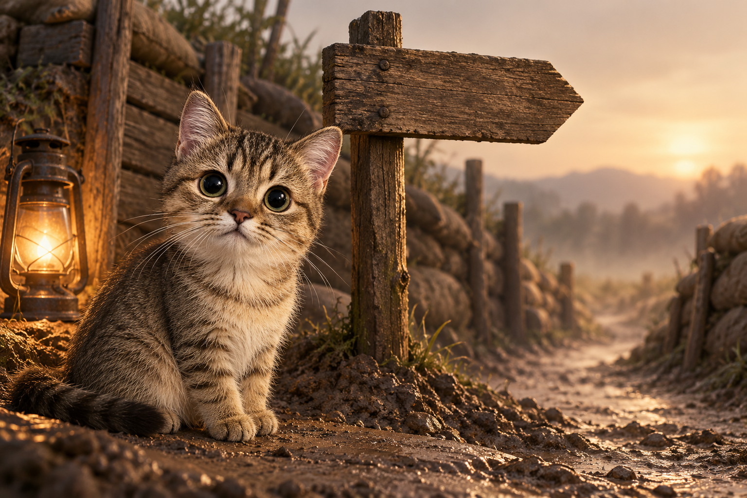 UMI beside a blank wooden direction sign at a lantern-lit trench crossroads.
